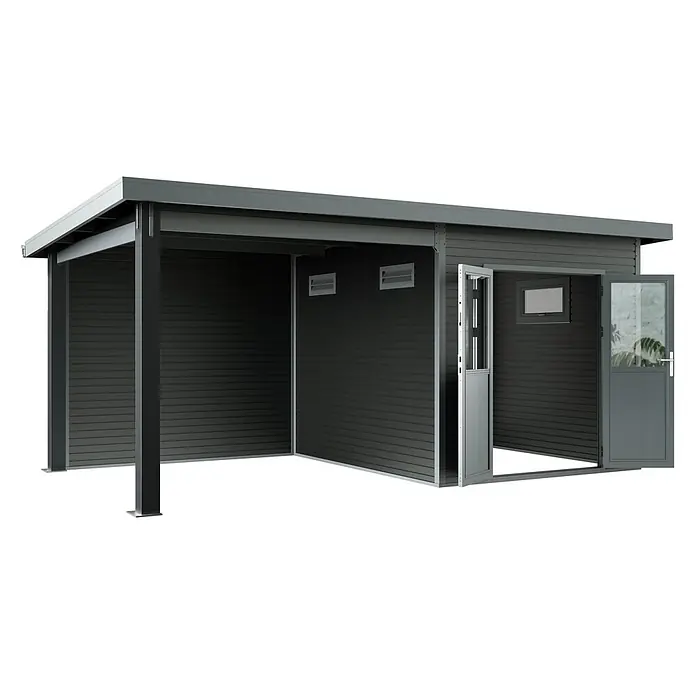 Linholm Gartenhaus Linia 5228 mit Anbaudach und Rückwand, inkl. Dachrinnen-Set, Anthrazit - Außenmaß inkl. Dachüberstand (B x T): 560 x 330 cm, Anthrazit - Anthrazitfarbener Gartenschuppen mit integriertem Carport, modernem Design und Seitentür.