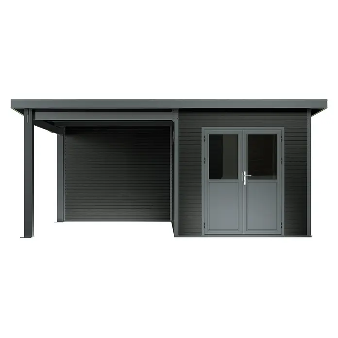 Linholm Gartenhaus Linia 5228 mit Anbaudach und Rückwand, inkl. Dachrinnen-Set, Anthrazit - Außenmaß inkl. Dachüberstand (B x T): 560 x 330 cm, Anthrazit - Dunkelgrauer Carport mit integriertem Geräteschuppen, Rolltor und doppelten Glastüren.