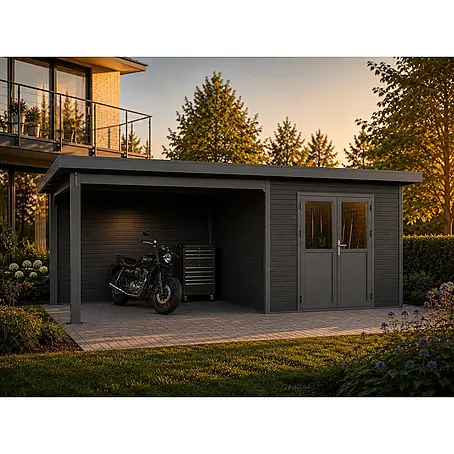 Linholm  Gartenhaus Linia 5228 mit Anbaudach und Rückwand, inkl. Dachrinnen-Set, Anthrazit