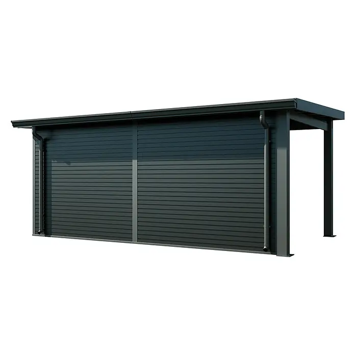 Linholm Gartenhaus Linia 5228 mit Anbaudach und Rückwand, inkl. Dachrinnen-Set, Anthrazit - Außenmaß inkl. Dachüberstand (B x T): 560 x 330 cm, Anthrazit - Dunkelgrauer Lamellen-Anlehnschuppen mit Flachdach und integrierter Regenrinne.