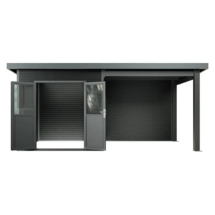 Linholm Gartenhaus Linia 5228 mit Anbaudach und Rückwand, inkl. Dachrinnen-Set, Anthrazit - Außenmaß inkl. Dachüberstand (B x T): 560 x 330 cm, Anthrazit - Anthrazitfarbener Schuppen mit horizontaler Verkleidung und offenem Carport, zwei teiloffene Türen mit Glasfeldern.