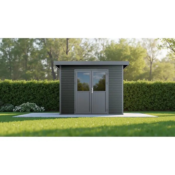 Linholm Gartenhaus Linia 2824 inkl. Dachrinnen-Set, 2-farbig in Grau/Anthrazit - Außenmaß inkl. Dachüberstand (B x T): 320 x 280 cm, Grau/Anthrazit - Dunkelgraues Gartenhaus mit horizontaler Verkleidung und doppelten Glastüren auf einer Terrasse.