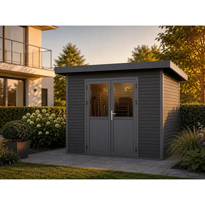 Linholm Gartenhaus Linia 2824 inkl. Dachrinnen-Set, 2-farbig in Grau/Anthrazit - Außenmaß inkl. Dachüberstand (B x T): 320 x 280 cm, Grau/Anthrazit - Dunkelgraues Gartenhaus mit Doppelglastüren auf gepflasterter Terrasse im Garten.