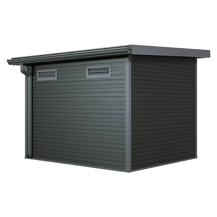 Linholm Gartenhaus Linia 2824 inkl. Dachrinnen-Set, 2-farbig in Grau/Anthrazit - Außenmaß inkl. Dachüberstand (B x T): 320 x 280 cm, Grau/Anthrazit - Dunkelgrauer Geräteschuppen mit Holzstrukturverkleidung, grauem Zierleisten und integriertem Rinnensystem.