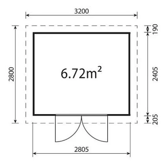 Linholm Gartenhaus Linia 2824 inkl. Dachrinnen-Set, 2-farbig in Grau/Anthrazit - Außenmaß inkl. Dachüberstand (B x T): 320 x 280 cm, Grau/Anthrazit - Grundrissplan eines rechteckigen Gartenhauses mit 6,72 m² Fläche, ca. 3,2m x 2,8m, inklusive Tür und Maßen.