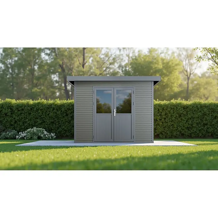 Linholm Gartenhaus Linia 2824 inkl. Dachrinnen-Set, 2-farbig in Grau/Anthrazit - Außenmaß inkl. Dachüberstand (B x T): 320 x 280 cm, Grau/Anthrazit - Moderner grauer Gartenschuppen mit Holzverkleidung und Glastüren, auf einer Terrasse.