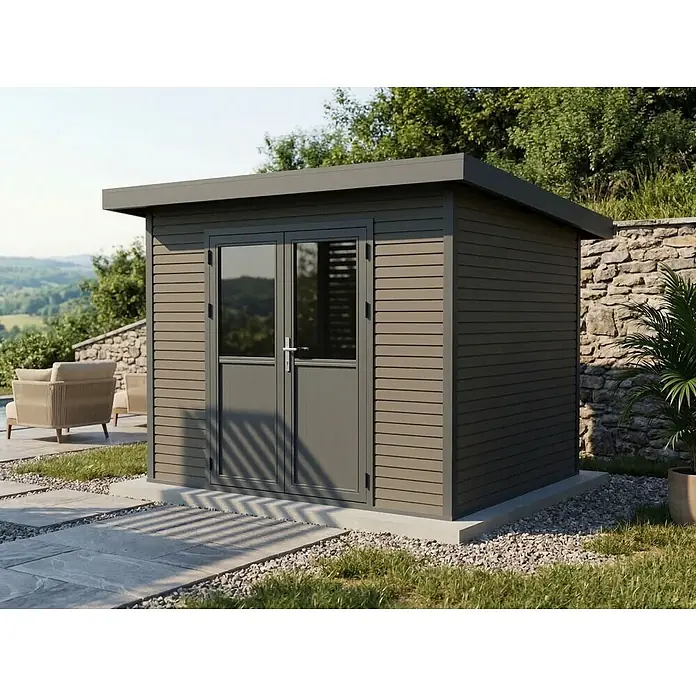 Linholm Gartenhaus Linia 2824 inkl. Dachrinnen-Set, 2-farbig in Grau/Anthrazit - Außenmaß inkl. Dachüberstand (B x T): 320 x 280 cm, Grau/Anthrazit - Dunkelgraues, modernes Gartenhaus mit horizontaler Verkleidung, Flachdach und doppelten Glastüren, auf einer Terrasse im Garten.