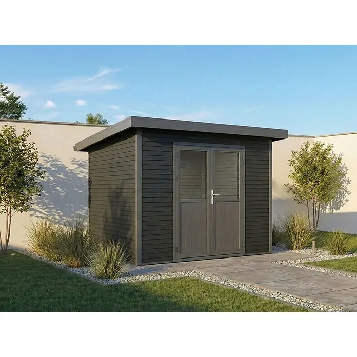 Linholm Gartenhaus Linia 2824 inkl. Dachrinnen-Set, 2-farbig in Grau/Anthrazit - Außenmaß inkl. Dachüberstand (B x T): 320 x 280 cm, Grau/Anthrazit - Moderner dunkelgrauer Geräteschuppen mit doppelt verglasten Türen und Flachdach in Gartenanlage.