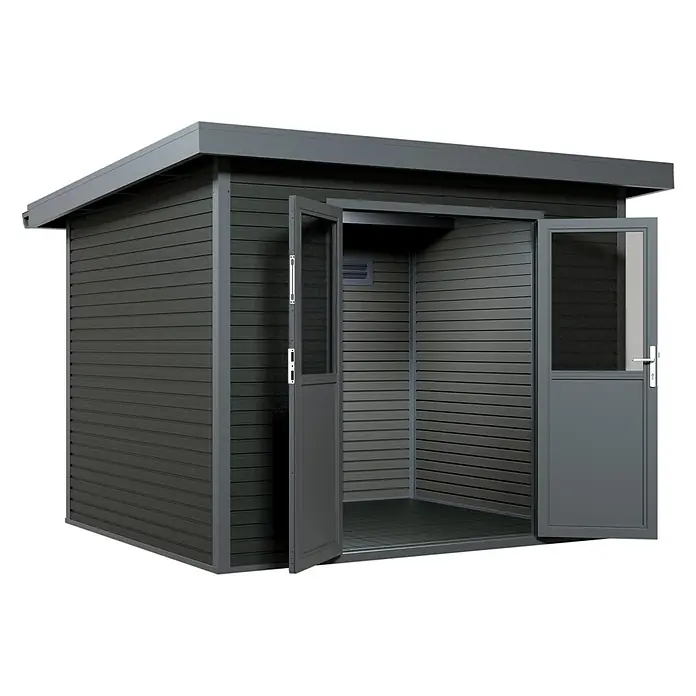 Linholm Gartenhaus Linia 2824 inkl. Dachrinnen-Set, 2-farbig in Grau/Anthrazit - Außenmaß inkl. Dachüberstand (B x T): 320 x 280 cm, Grau/Anthrazit - Dunkelgrauer Gartenschuppen mit horizontalen Lamellen und offenen Doppeltüren mit Glaseinsätzen.
