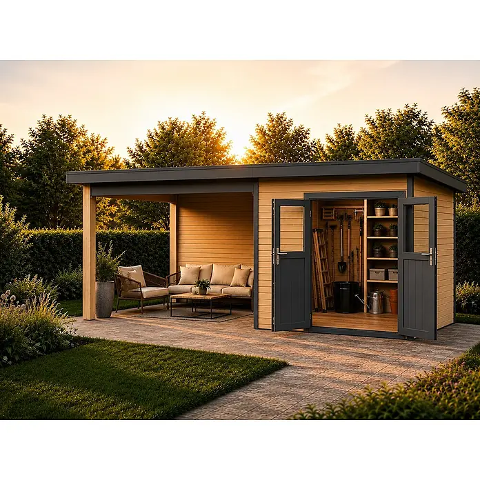 Linholm Gartenhaus-Anbau Linholm WPC Gartenhaus Linia 5228 - Außenmaß inkl. Dachüberstand (B x T): 584 x 330 cm, Natur-Beige/Anthrazit - Ein hellbraunes Gartenhaus aus Holz mit dunkelgrauen Akzenten und Türen, inklusive integrierter Terrasse mit Gartenmöbeln in einem sonnigen Garten.