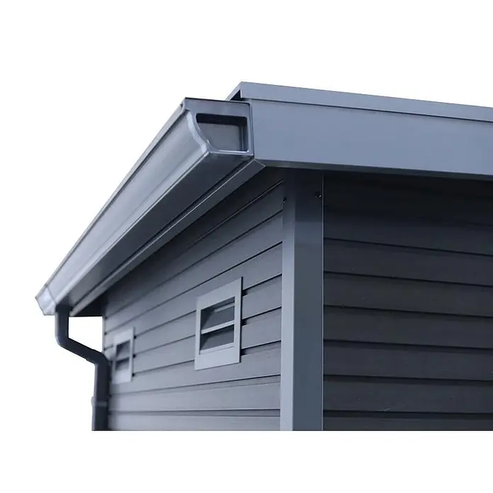 Linholm Gartenhaus Linia 2824 inkl. Dachrinnen-Set, 2-farbig in Grau/Anthrazit - Außenmaß inkl. Dachüberstand (B x T): 320 x 280 cm, Grau/Anthrazit - Dunkelgraue Gartenschuppenecke mit horizontaler Verkleidung, integrierter Regenrinne und Fallrohr. Kleine Fenster sichtbar.
