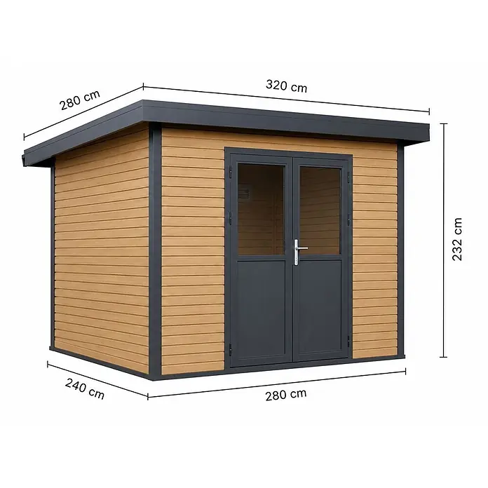 Linholm Gartenhaus Linia 2824 inkl. Dachrinnen-Set, Natur-Beige/Anthrazit - Außenmaß inkl. Dachüberstand (B x T): 320 x 280 cm, Natur-Beige/Anthrazit - Moderner, rechteckiger Gartenschuppen mit hellen Holzoptikwänden, dunkelgrauem Dach, Zierleisten und Doppeltüren, ideal zur Aufbewahrung im Freien.