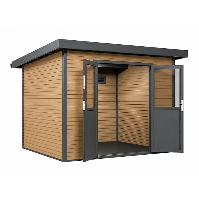 Linholm Gartenhaus Linia 2824 inkl. Dachrinnen-Set, Natur-Beige/Anthrazit - Außenmaß inkl. Dachüberstand (B x T): 320 x 280 cm, Natur-Beige/Anthrazit - Moderner Gartenschuppen mit offenen, dunkelgrauen Doppeltüren, braunen Verbundplatten und flachem, dunkelgrauem Dach.