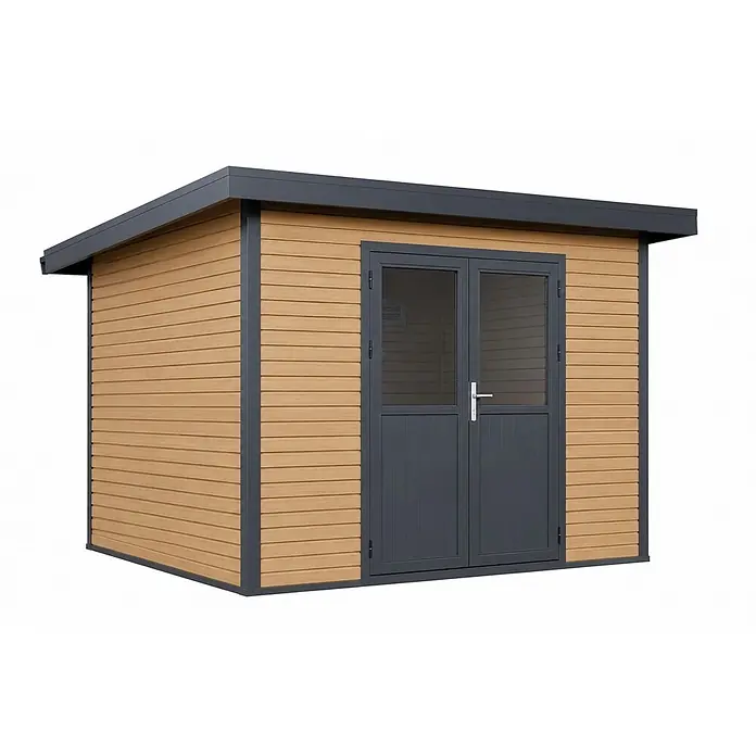Linholm Gartenhaus Linia 2824 inkl. Dachrinnen-Set, Natur-Beige/Anthrazit - Außenmaß inkl. Dachüberstand (B x T): 320 x 280 cm, Natur-Beige/Anthrazit - Moderner Gartenhaus mit heller Holzoptik-Verkleidung, dunkelgrauen Zierleisten und Doppeltüren. Flachdachdesign.