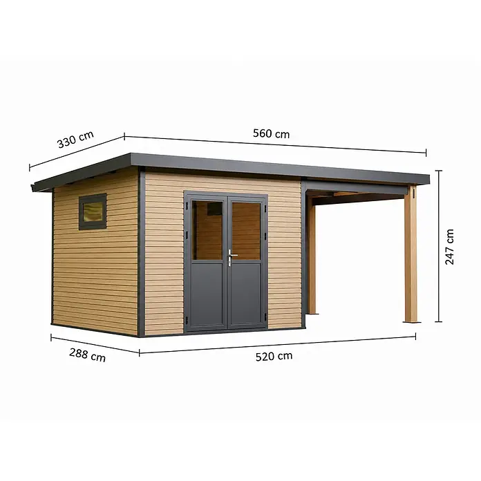 Linholm Gartenhaus-Anbau Linholm WPC Gartenhaus Linia 5228 - Außenmaß inkl. Dachüberstand (B x T): 584 x 330 cm, Natur-Beige/Anthrazit - Hölzernes Gartenhaus mit angebautem Carport, hellbraunes Holz und dunkelgraue Akzente. Ideal für Lagerung und Fahrzeugschutz.