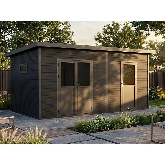 Linholm Gartenhaus Linholm WPC 2-Raum Gartenhaus Linia 5633, inkl. Dachrinnen-Set, Anthrazit - Außenmaß inkl. Dachüberstand (B x T): 560 x 330 cm, Anthrazit - Moderner dunkelgrauer Komposit-Gartenschuppen mit Doppel- und Einzeltüren und kleinem Fenster auf einer Terrasse.