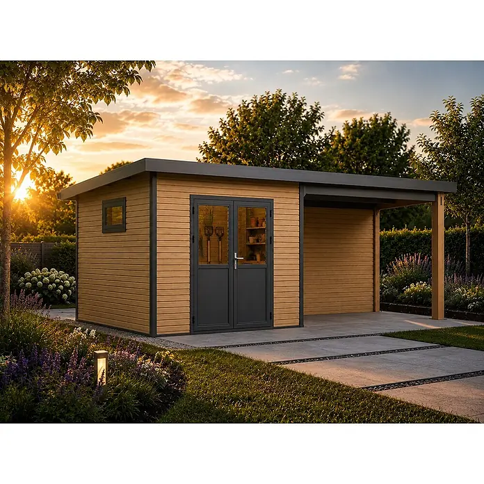 Linholm Gartenhaus-Anbau Linholm WPC Gartenhaus Linia 5228 - Außenmaß inkl. Dachüberstand (B x T): 584 x 330 cm, Natur-Beige/Anthrazit - Modernes Gartenhaus in Holzoptik mit dunkelgrauem Dach und integriertem Carport, im sonnigen Garten.