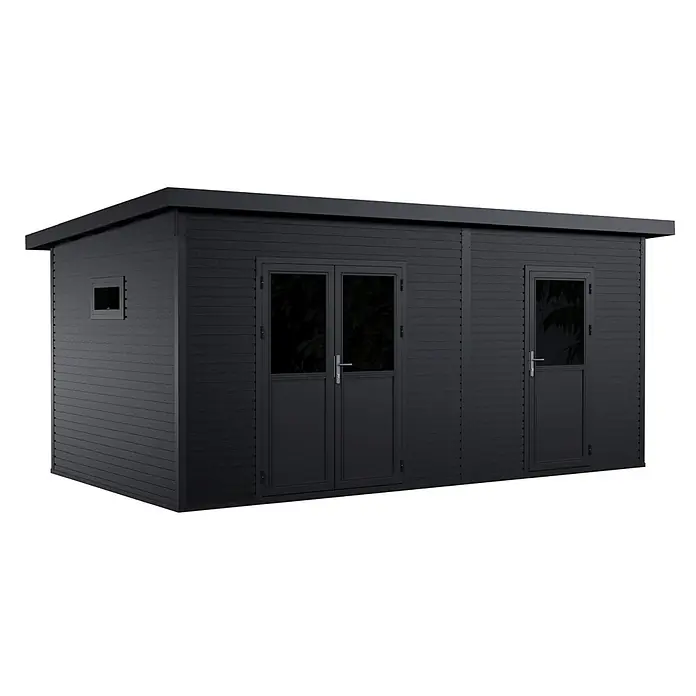 Linholm Gartenhaus Linholm WPC 2-Raum Gartenhaus Linia 5633, inkl. Dachrinnen-Set, Anthrazit - Außenmaß inkl. Dachüberstand (B x T): 560 x 330 cm, Anthrazit - Dunkelgraues Gartenhaus mit horizontaler Verkleidung, Flachdach, Doppel- und Einzeltüren mit Glaspaneelen und kleinem Seitenfenster.