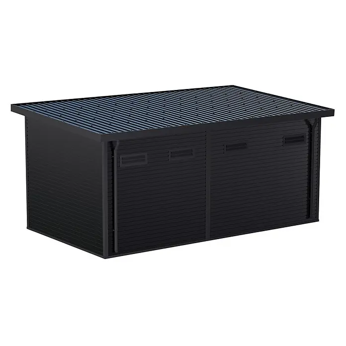 Linholm Gartenhaus Linholm WPC 2-Raum Gartenhaus Linia 5633, inkl. Dachrinnen-Set, Anthrazit - Außenmaß inkl. Dachüberstand (B x T): 560 x 330 cm, Anthrazit - Schwarzer Geräteschuppen aus Metall mit Wellblechdach und Lüftungsöffnungen.