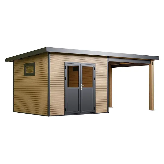 Linholm Gartenhaus-Anbau Linholm WPC Gartenhaus Linia 5228 - Außenmaß inkl. Dachüberstand (B x T): 584 x 330 cm, Natur-Beige/Anthrazit - Modernes Gartenhaus mit heller Holzoptikverkleidung und dunkelgrauem Rahmen, Dach und Türen, inklusive integriertem Carport.