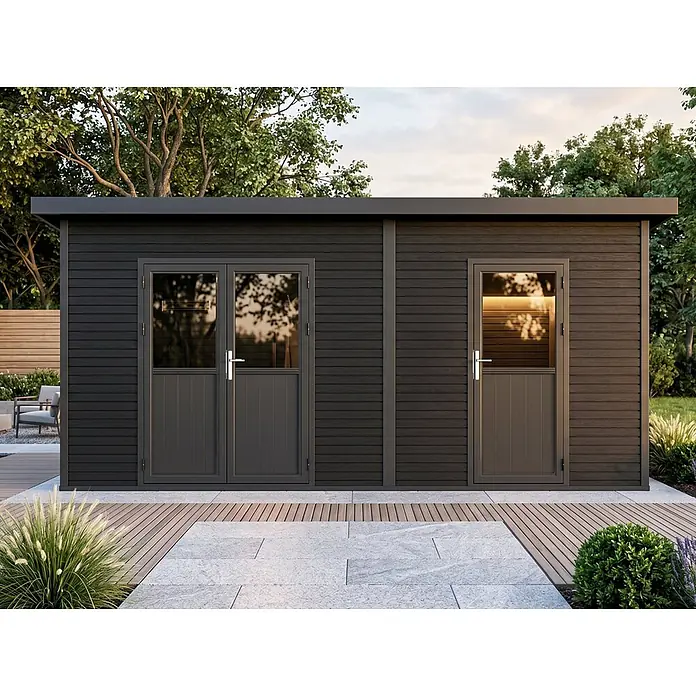Linholm Gartenhaus Linholm WPC 2-Raum Gartenhaus Linia 5633, inkl. Dachrinnen-Set, Anthrazit - Außenmaß inkl. Dachüberstand (B x T): 560 x 330 cm, Anthrazit - Dunkelgraues Gartenhaus mit horizontaler Verkleidung und zwei Türen, auf einer modernen Terrasse.