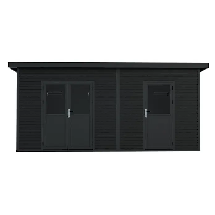 Linholm Gartenhaus Linholm WPC 2-Raum Gartenhaus Linia 5633, inkl. Dachrinnen-Set, Anthrazit - Außenmaß inkl. Dachüberstand (B x T): 560 x 330 cm, Anthrazit - Schwarzer Holzschuppen mit zwei dunkelgrauen Türen, einer Doppeltür und einer Einzeltür.