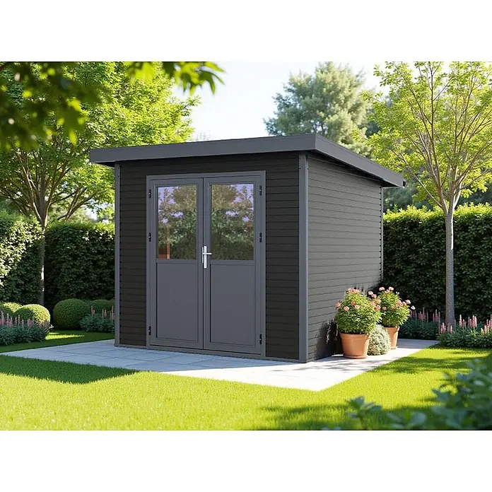Linholm Gartenhaus Linia 2424 inkl. Dachrinnen-Set, 2-farbig Grau/Anthrazit - Außenmaß inkl. Dachüberstand (B x T): 280 x 280 cm, Grau/Anthrazit - Modernes dunkelgraues Gartenhaus mit Doppeltür und Glaspaneelen auf einer Terrasse im Garten.