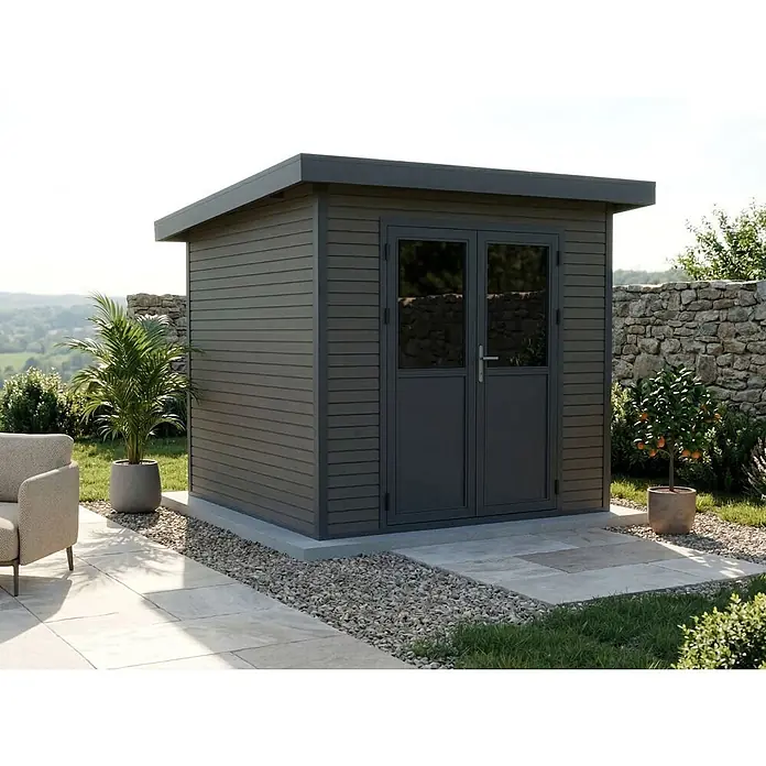 Linholm Gartenhaus Linia 2424 inkl. Dachrinnen-Set, 2-farbig Grau/Anthrazit - Außenmaß inkl. Dachüberstand (B x T): 280 x 280 cm, Grau/Anthrazit - Moderner dunkelgrauer Gartenpavillon mit horizontalen Paneelen und Doppeltüren im Außenbereich.
