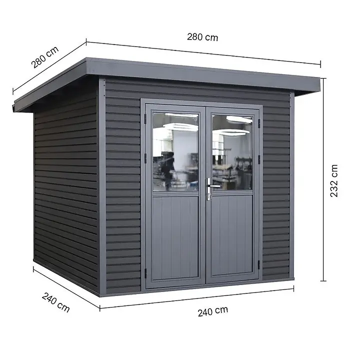 Linholm Gartenhaus Linia 2424 inkl. Dachrinnen-Set, 2-farbig Grau/Anthrazit - Außenmaß inkl. Dachüberstand (B x T): 280 x 280 cm, Grau/Anthrazit - Dunkelgrauer Geräteschuppen aus Verbundmaterial mit Doppeltür, Flachdach und Maßangaben.