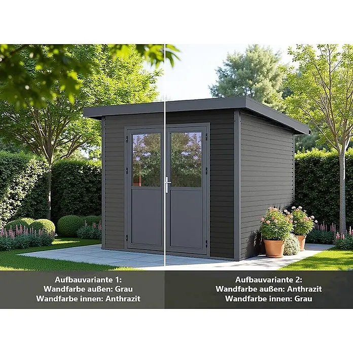 Linholm Gartenhaus Linia 2824 inkl. Dachrinnen-Set, 2-farbig in Grau/Anthrazit - Außenmaß inkl. Dachüberstand (B x T): 320 x 280 cm, Grau/Anthrazit - Modernes Gartenhaus in zwei Farbvarianten: hellgrau und anthrazit, mit Glastüren.