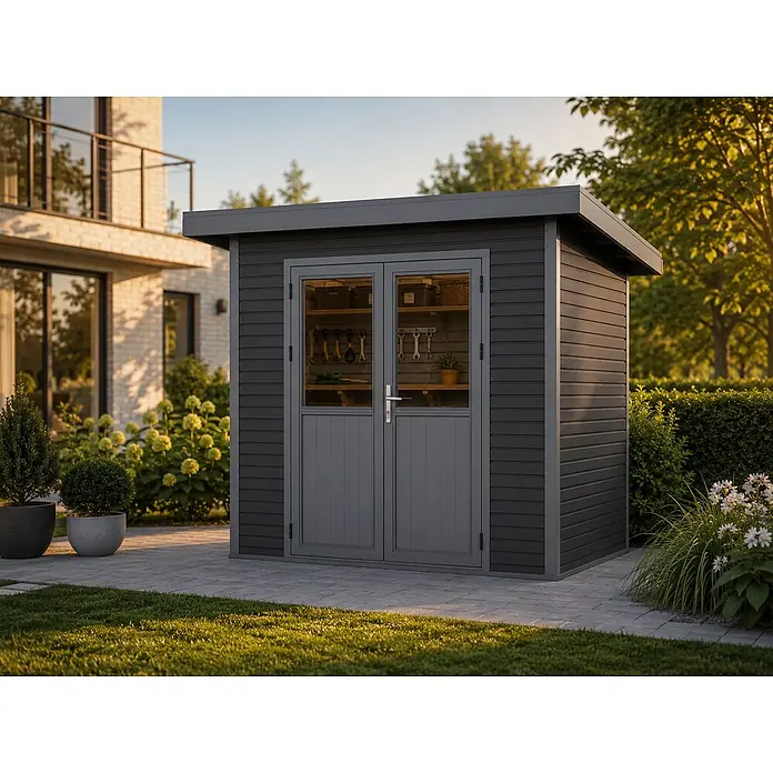 Linholm Gartenhaus Linia 2424 inkl. Dachrinnen-Set, 2-farbig Grau/Anthrazit - Außenmaß inkl. Dachüberstand (B x T): 280 x 280 cm, Grau/Anthrazit - Anthrazitfarbenes Gartenhaus mit doppelt verglasten Türen, das organisierte Werkzeuge und Regale zeigt, auf einer gepflasterten Terrasse.