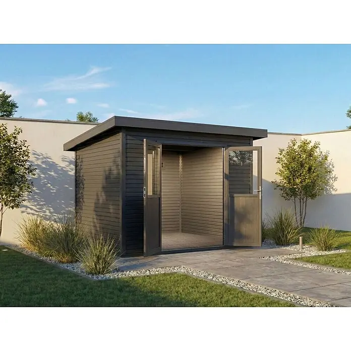 Linholm Gartenhaus inkl. Dachrinne - Außenmaß inkl. Dachüberstand (B x T): 360 x 360 cm, Grau/Anthrazit - Modernes dunkelgraues Gartenhaus mit offenen Türen, Lamellendesign und Flachdach, auf einer gepflasterten Terrasse im Garten.