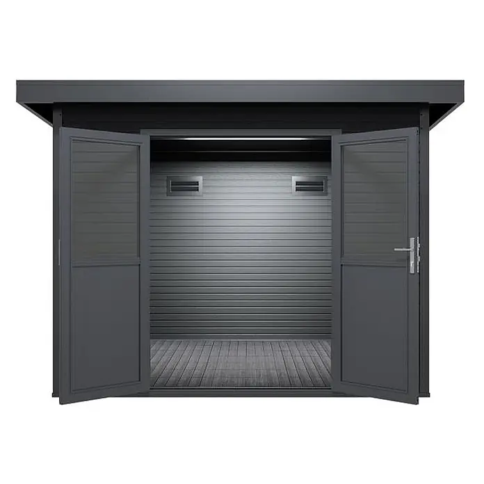 Linholm Gartenhaus inkl. Dachrinne - Außenmaß inkl. Dachüberstand (B x T): 360 x 360 cm, Grau/Anthrazit - Dunkelgraues Metall-Gartenhaus mit offenen Doppeltüren, das eine Lamellenwand und einen Holzboden zeigt.