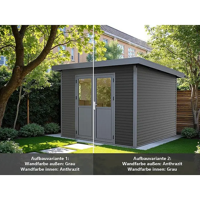 Linholm Gartenhaus inkl. Dachrinne - Außenmaß inkl. Dachüberstand (B x T): 360 x 360 cm, Grau/Anthrazit - Zwei Gartenhaus-Varianten: eine mit grauer Außenfarbe, die andere mit anthrazitfarbener Außenfarbe.