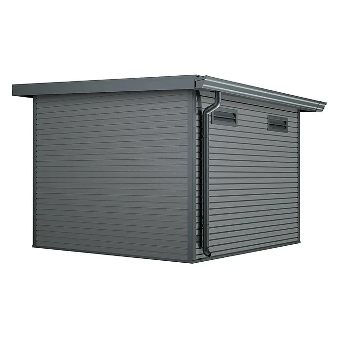 Linholm Gartenhaus inkl. Dachrinne - Außenmaß inkl. Dachüberstand (B x T): 360 x 360 cm, Grau/Anthrazit - Dunkelgrauer Geräteschuppen mit horizontaler Verkleidung, Flachdach, integrierter Regenrinne und zwei Lüftungsgittern.