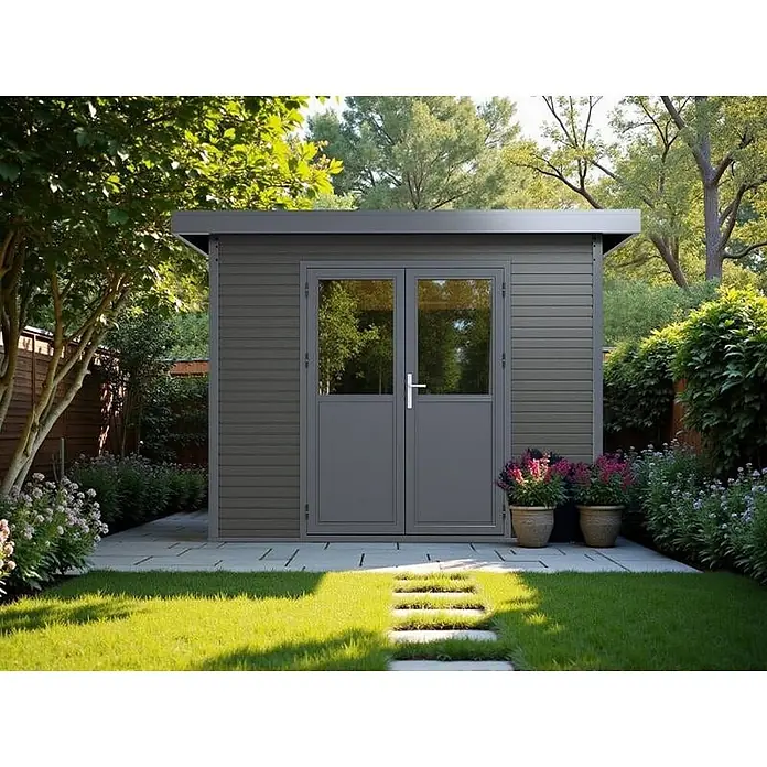 Linholm Gartenhaus inkl. Dachrinne - Außenmaß inkl. Dachüberstand (B x T): 360 x 360 cm, Grau/Anthrazit - Modernes dunkelgraues Gartenhaus mit Doppeltüren und Flachdach, in einem Garten mit gepflastertem Weg.