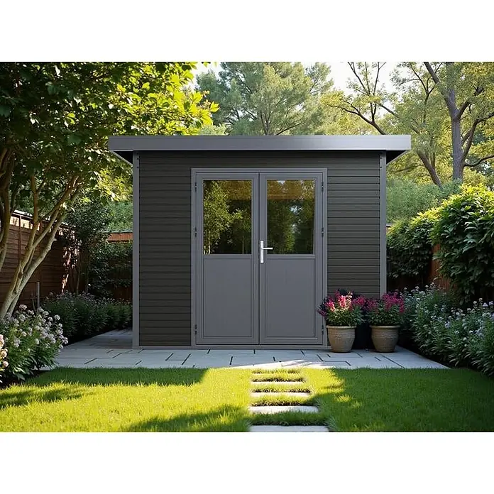 Linholm Gartenhaus inkl. Dachrinne - Außenmaß inkl. Dachüberstand (B x T): 360 x 360 cm, Grau/Anthrazit - Dunkelgraues Gartenhaus mit Doppeltüren und Flachdach.