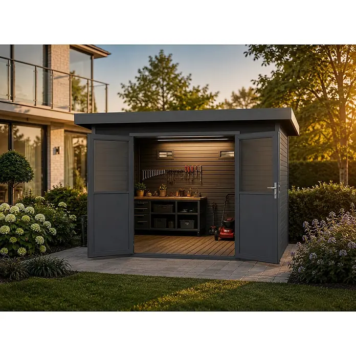 Linholm Gartenhaus inkl. Dachrinne - Außenmaß inkl. Dachüberstand (B x T): 360 x 360 cm, Grau/Anthrazit - Dunkelgraues Gartenhaus mit offenen Türen, das einen organisierten Innenraum mit Werkzeugen und einer Werkbank in einem Garten zeigt.