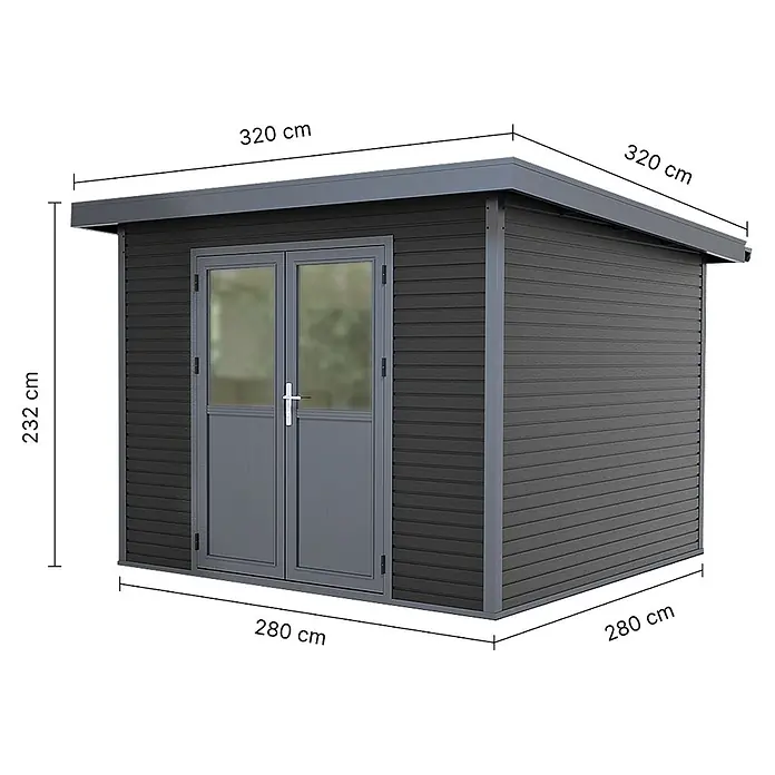 Linholm Gartenhaus inkl. Dachrinne - Außenmaß inkl. Dachüberstand (B x T): 360 x 360 cm, Grau/Anthrazit - Dunkelgraues Gartenhaus mit Doppeltüren und Pultdach, ideal zur Aufbewahrung im Freien.
