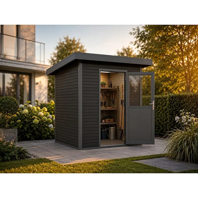 Linholm Gartenhaus Linia 2020 inkl. Dachrinnen-Set, 2-farbig Grau/Anthrazit - Außenmaß inkl. Dachüberstand (B x T): 282 x 282 cm, Grau/Anthrazit - Dunkelgraues Gartenhaus mit Lamellen auf einer Terrasse, dessen offene Tür organisierte Gartengeräte und Regale zeigt.