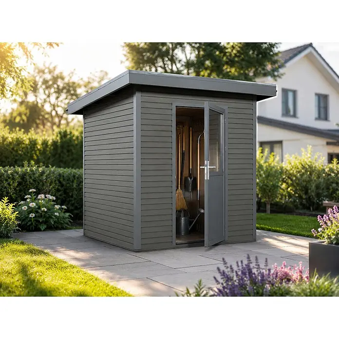 Linholm Gartenhaus Linia 2020 inkl. Dachrinnen-Set, 2-farbig Grau/Anthrazit - Außenmaß inkl. Dachüberstand (B x T): 282 x 282 cm, Grau/Anthrazit - Dunkelgraues Gartenhaus mit Flachdach, dessen offene Tür verschiedene Gartengeräte zeigt, auf einer Steinterrasse.