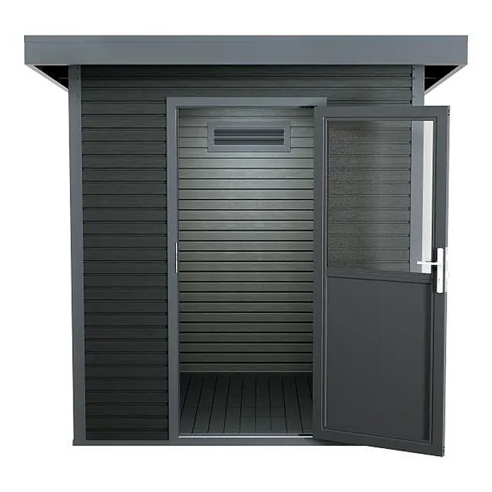 Linholm Gartenhaus Linia 2020 inkl. Dachrinnen-Set, 2-farbig Grau/Anthrazit - Außenmaß inkl. Dachüberstand (B x T): 282 x 282 cm, Grau/Anthrazit - Dunkelgraues Gartenhaus mit offener Tür und kleiner Lüftungsöffnung, das das Innere zeigt.