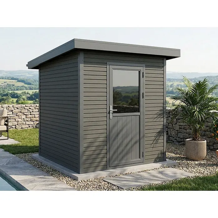 Linholm Gartenhaus Linia 2020 inkl. Dachrinnen-Set, 2-farbig Grau/Anthrazit - Außenmaß inkl. Dachüberstand (B x T): 282 x 282 cm, Grau/Anthrazit - Dunkelgraues Komposit-Gartenhaus mit Flachdach und Tür mit Oberlicht, auf einer Terrasse mit Landschaftshintergrund.