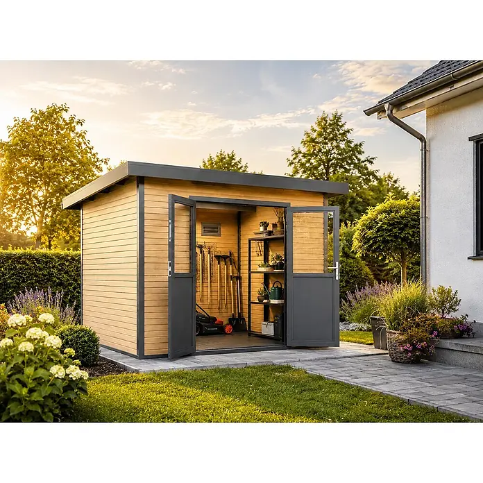 Linholm Gartenhaus inkl. Dachrinne - Außenmaß inkl. Dachüberstand (B x T): 360 x 360 cm, Natur-Beige/Anthrazit - Modernes Gartenhaus aus hellem Holz mit dunkelgrauen Akzenten und Türen, gefüllt mit Werkzeugen, im sonnigen Garten.