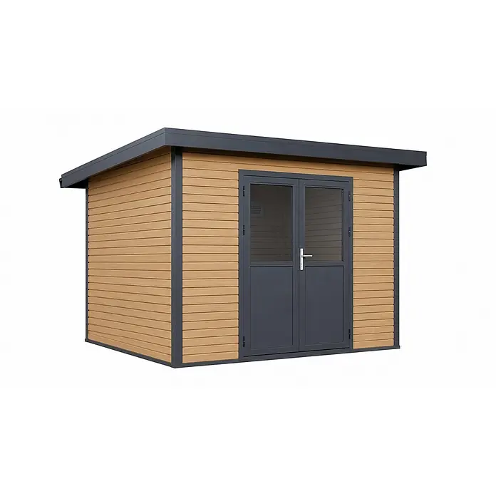 Linholm Gartenhaus inkl. Dachrinne - Außenmaß inkl. Dachüberstand (B x T): 360 x 360 cm, Natur-Beige/Anthrazit - Modernes Gartenhaus mit heller Holzoptikverkleidung, dunkelgrauem Rahmen und Doppeltür mit Fenstern.