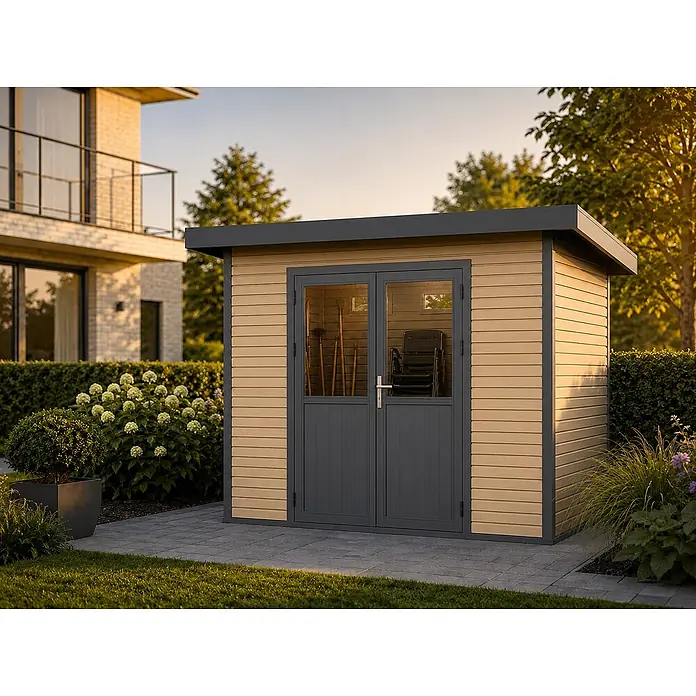 Linholm Gartenhaus inkl. Dachrinne - Außenmaß inkl. Dachüberstand (B x T): 360 x 360 cm, Natur-Beige/Anthrazit - Moderner Gartenschuppen mit hellbeiger Verkleidung, dunkelgrauen Türen und Dach, im Garten auf einer Terrasse.