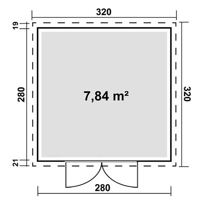 Linholm Gartenhaus inkl. Dachrinne - Außenmaß inkl. Dachüberstand (B x T): 360 x 360 cm, Natur-Beige/Anthrazit - Grundriss eines quadratischen Gartenhauses mit 280x280 cm Innenmaßen, 7,84 m² Fläche, 320x320 cm Außenmaßen und einer 280 cm breiten Tür.