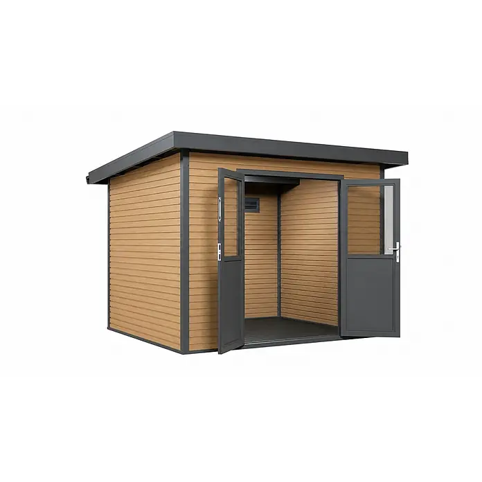 Linholm Gartenhaus inkl. Dachrinne - Außenmaß inkl. Dachüberstand (B x T): 360 x 360 cm, Natur-Beige/Anthrazit - Modernes Gartenhaus mit heller Holzoptikverkleidung und dunkelgrauem Rahmen, mit offenen Doppeltüren.