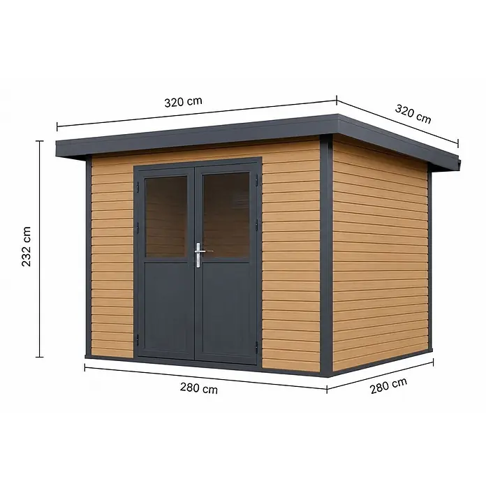 Linholm Gartenhaus inkl. Dachrinne - Außenmaß inkl. Dachüberstand (B x T): 360 x 360 cm, Natur-Beige/Anthrazit - Gartenhaus aus Holz mit dunkelgrauen Akzenten und Doppeltüren.