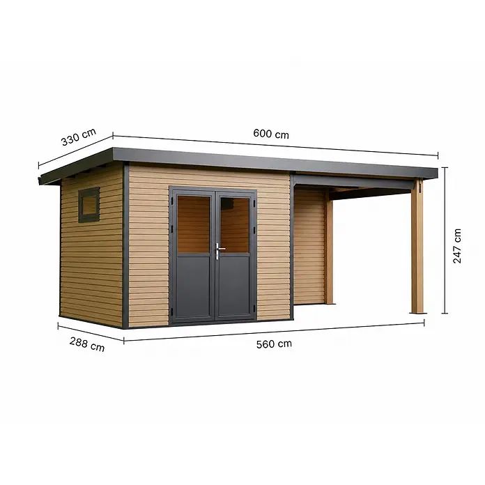 Linholm Gartenhaus inkl. Dachrinne - Außenmaß inkl. Dachüberstand (B x T): 320 x 320 cm, Natur-Beige/Anthrazit - Hellbrauner Gartenschuppen mit dunkelgrauem Dach und Doppeltüren, integriert in ein offenes Carport mit Holzstützen.